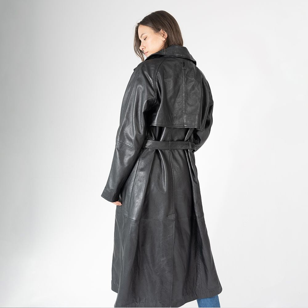 Deniz OS Leather Trench Coat, Black