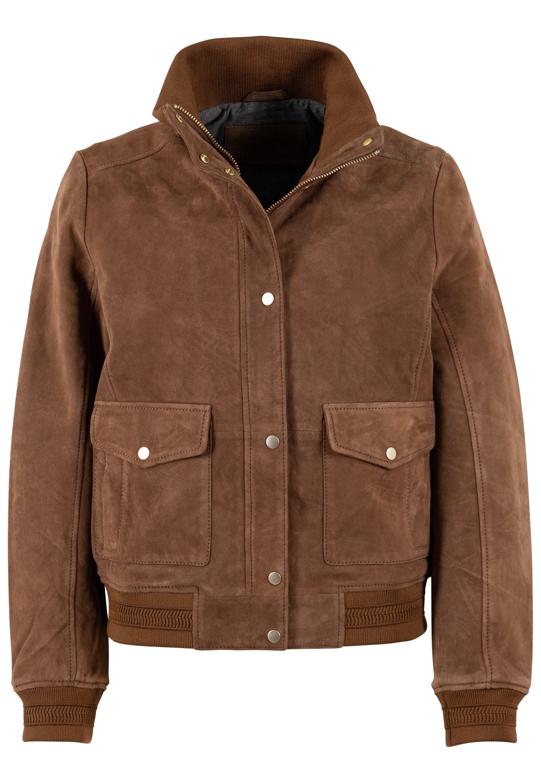 A brown suede jacket with a stand-up collar, button-front closure, and two front flap pockets, shown on a plain white background.