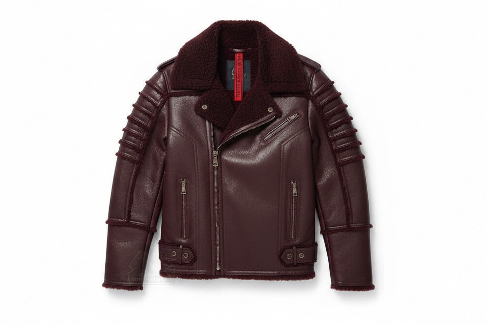 A dark burgundy leather motorcycle jacket with a plush dark brown shearling-style collar, ribbed sleeve details, and a front zipper, shown flat on a white background.