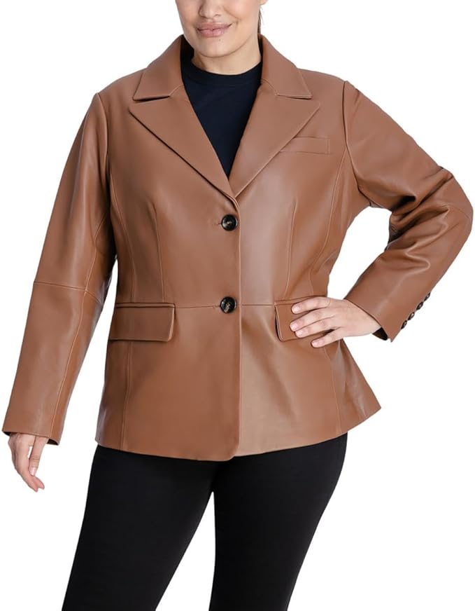 Brown leather jacket worn by a person on a white background