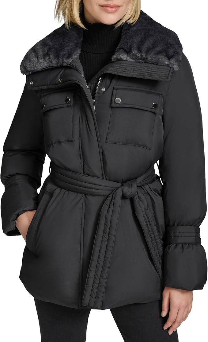 Andrew Marc Womens  Belted Jacket With Soft Faux Fur Collar