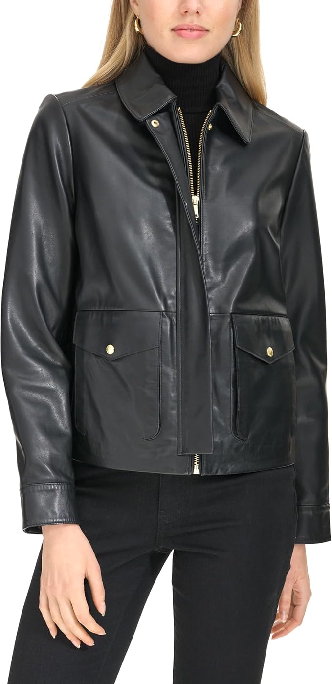 Cole Haan Women's Lambskin Trucker Leather Jacket