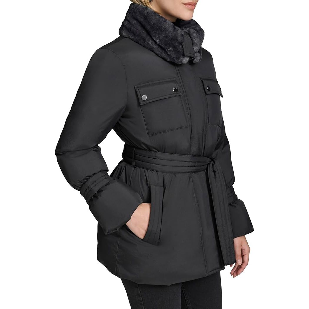 Andrew Marc Womens  Belted Jacket With Soft Faux Fur Collar