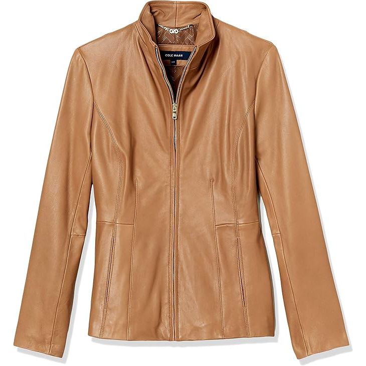 Cole Haan Women's Genuine Leather Jacket with Wing Collar