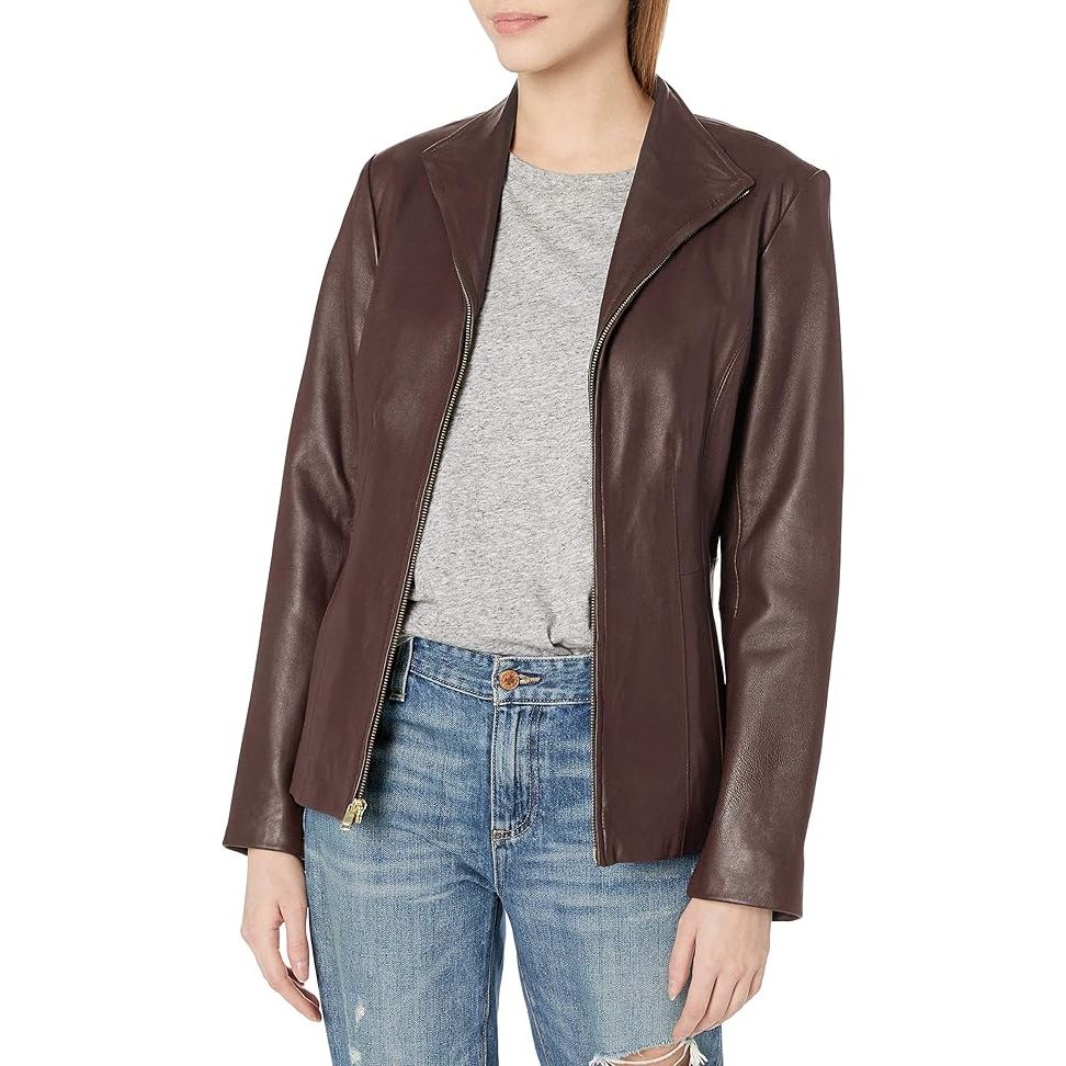 Cole Haan Women's Genuine Leather Jacket with Wing Collar