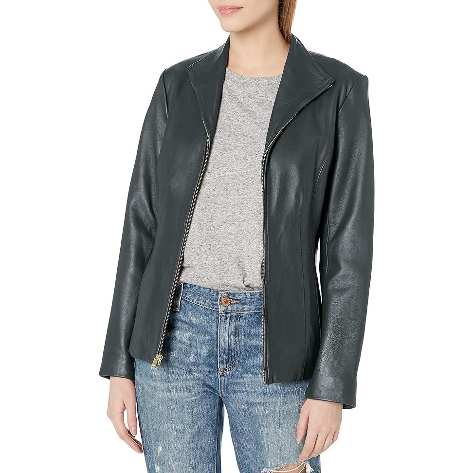 Cole Haan Women's Genuine Leather Jacket with Wing Collar