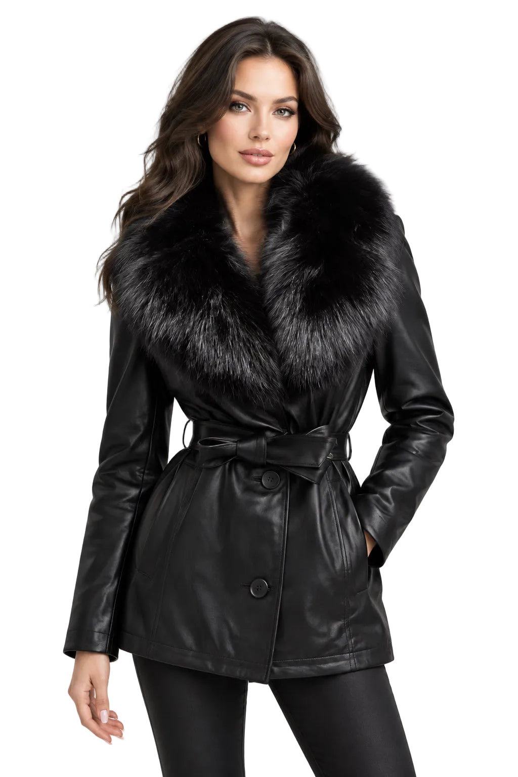 A black leather belted coat with a large black fur collar on a model