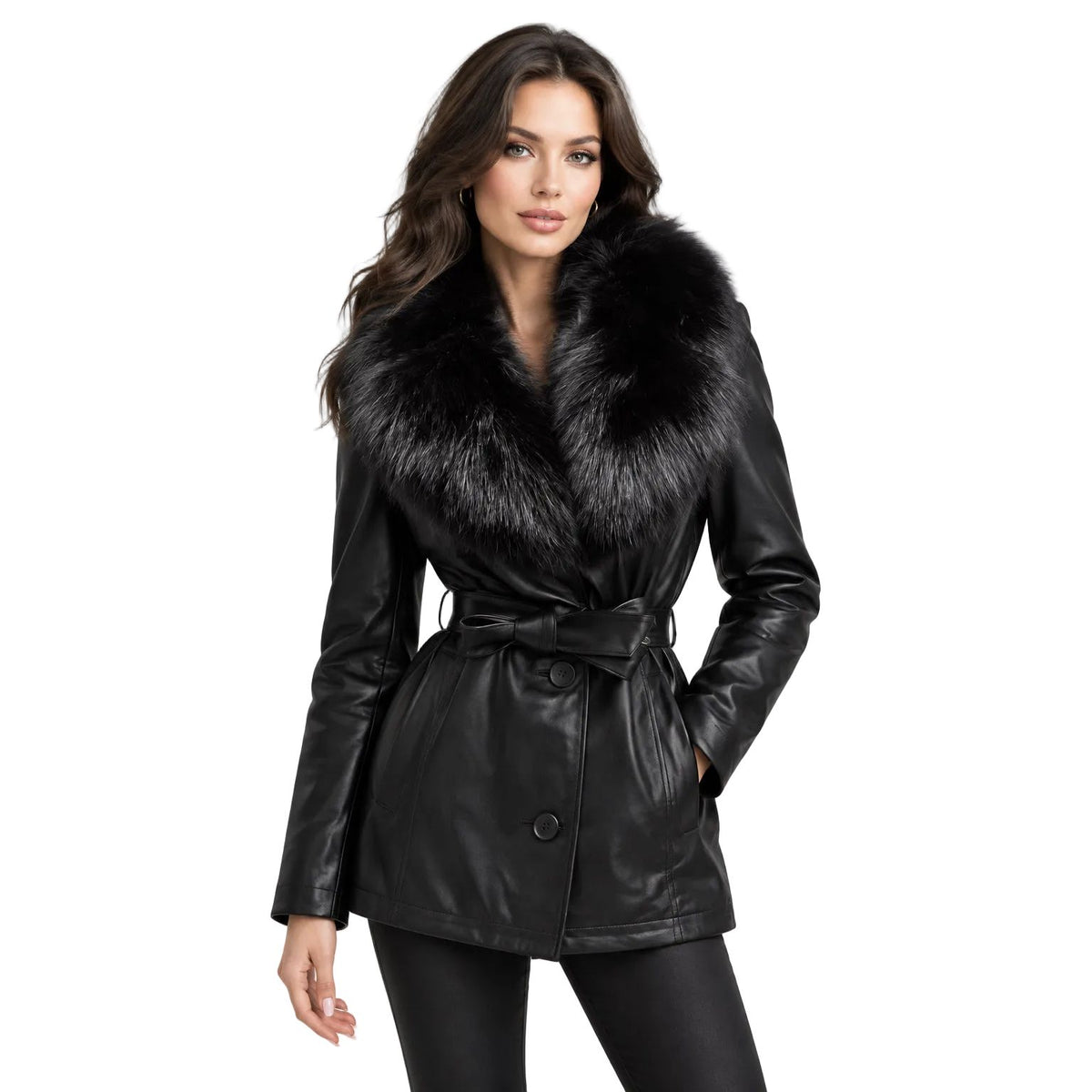 A black leather belted coat with a large black fur collar on a model