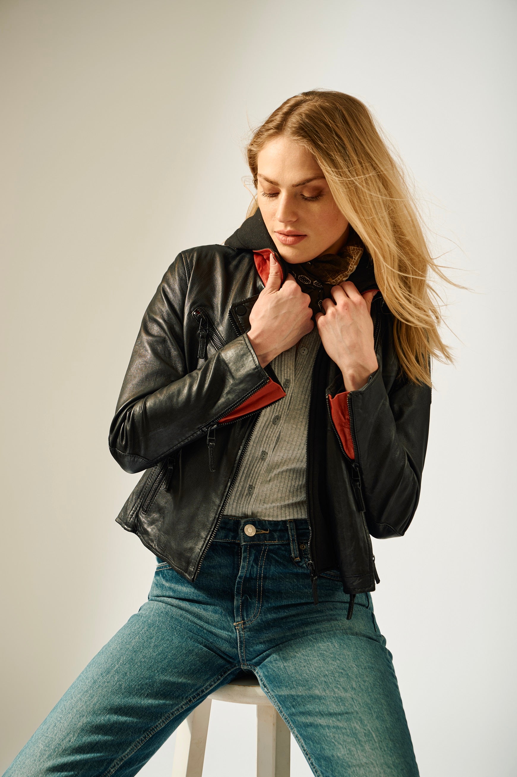 Christyn RF Star Detail with Hood Leather Jacket