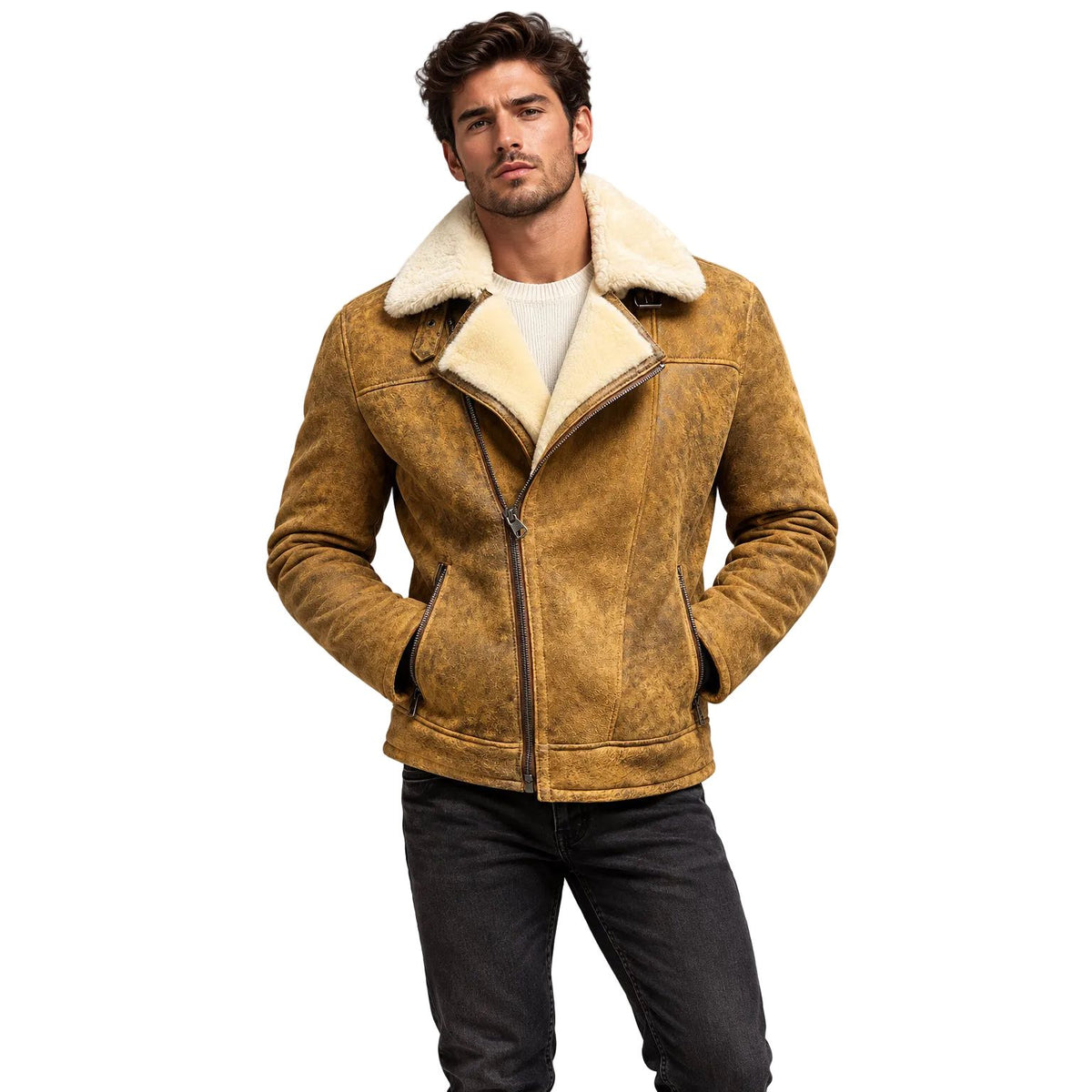 A men's distressed tan shearling leather jacket 