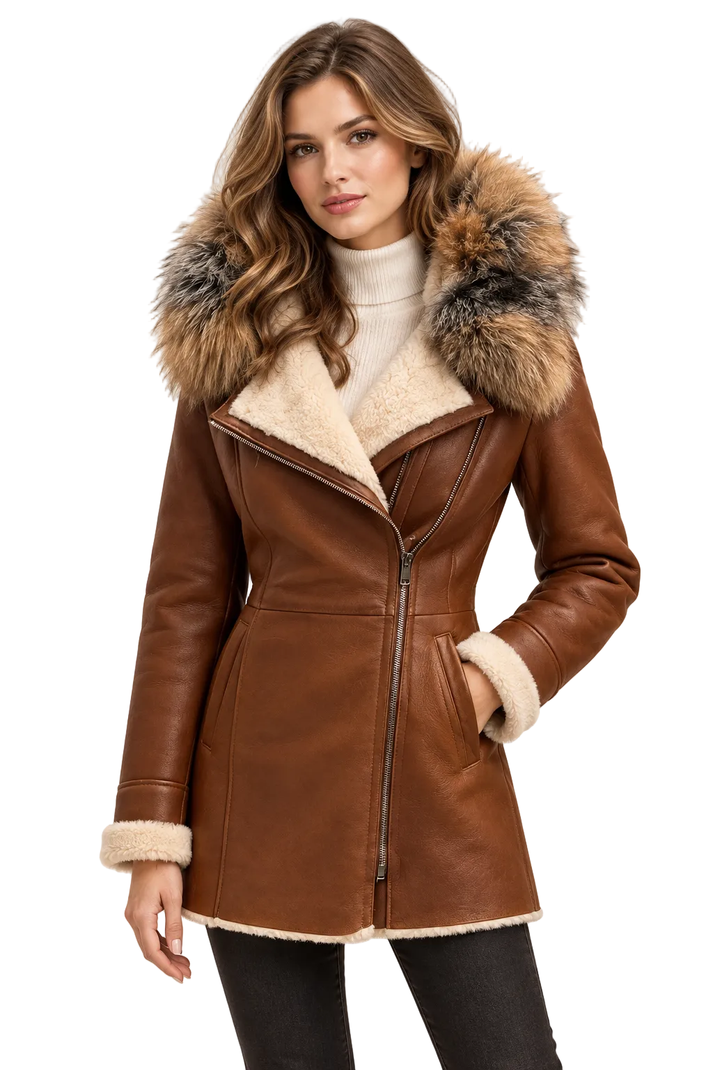 A woman models a brown shearling-leather shearling coat with a large brown and beige shearling-fur collar, a front zipper, and side pockets, paired with a cream turtleneck and black pants against a light beige studio background.