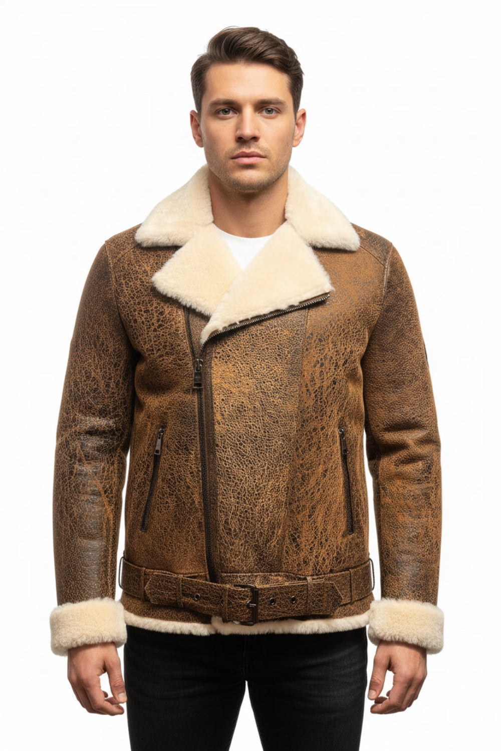 A brown distressed sheepskin shearling jacket-leather aviator jacket with a cream-colored shearling collar, cuffs, and hem, displayed on a white mannequin torso.