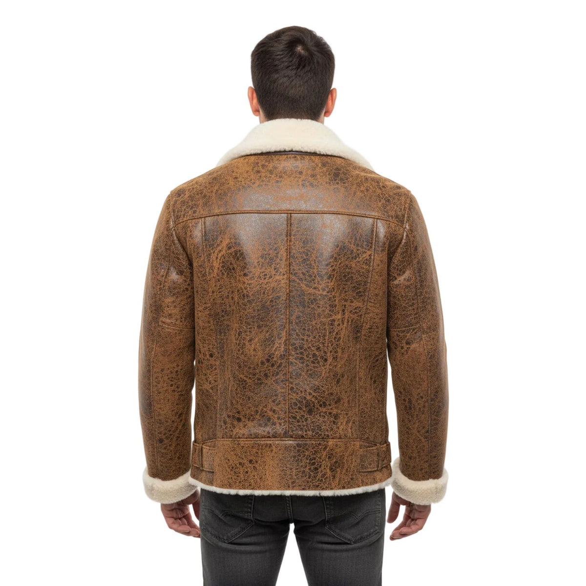 A distressed brown leather jacket with a cream-colored shearling collar and cuffs, .
