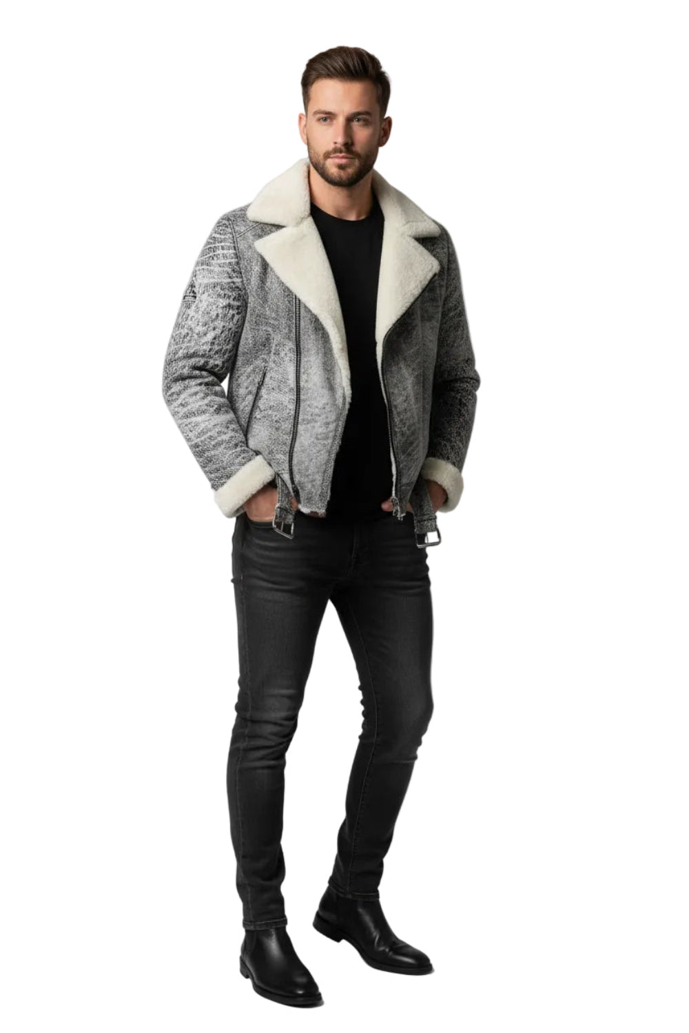 A gray textured leather jacket with a cream-colored shearling collar and lining, displayed on a male model