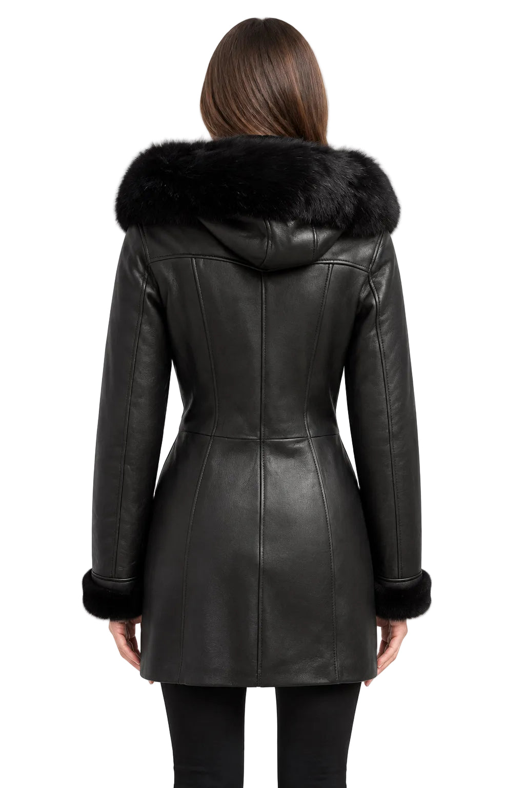 Black sheepskin-leather hooded coat with a large black fur-trimmed hood on a model