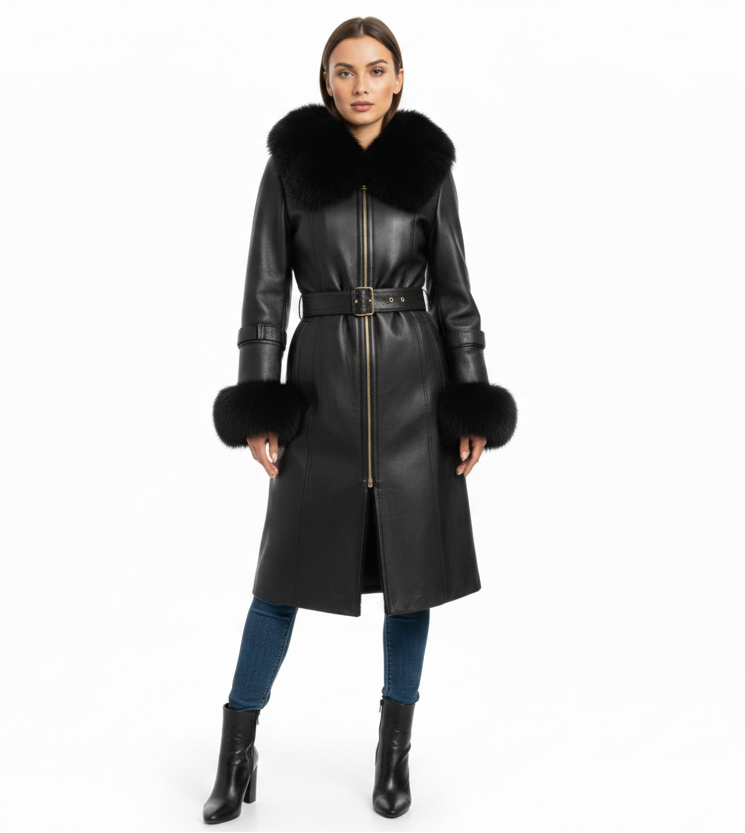A woman modeling a long black sheepskin shearling coat-leather coat with a large black fur collar, gold-tone zipper, and matching belt, paired with blue jeans and black ankle boots 