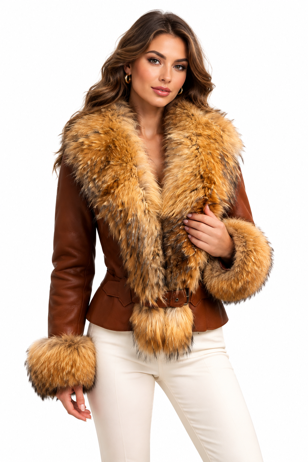 A woman modeling a brown leather jacket with a large tan and brown faux fur collar, cuffs, and hem, paired with white pants