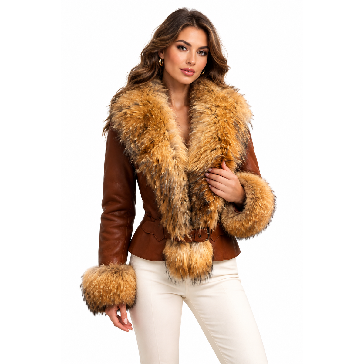 A woman modeling a brown leather jacket with a large tan and brown faux fur collar, cuffs, and hem, paired with white pants
