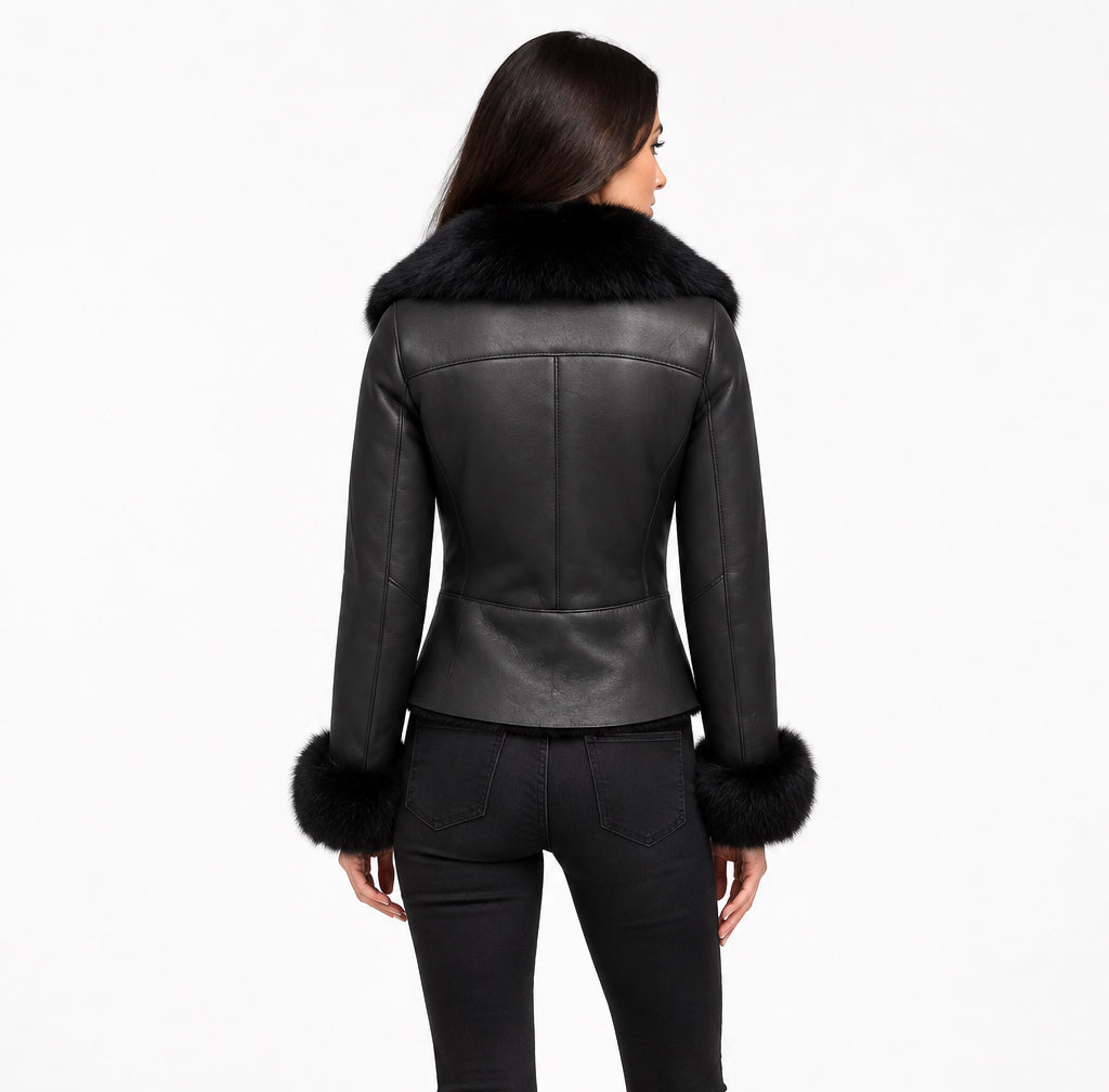 Black leather jacket with a large black fur collar and matching fur-trimmed cuffs, 