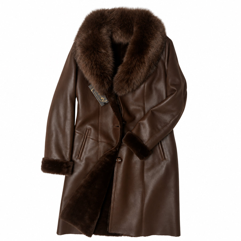 A dark brown leather coat with a large dark brown fur collar, displayed flat against a white background.