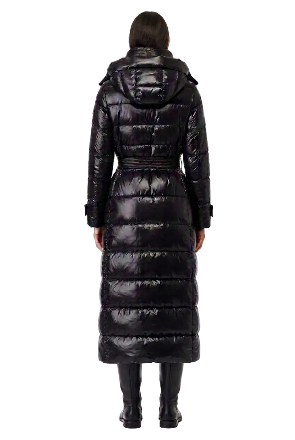 A model viewed from the back wearing a long, glossy black puffer coat with a hood and waist tie, paired with black ankle boots, against a plain white studio background.