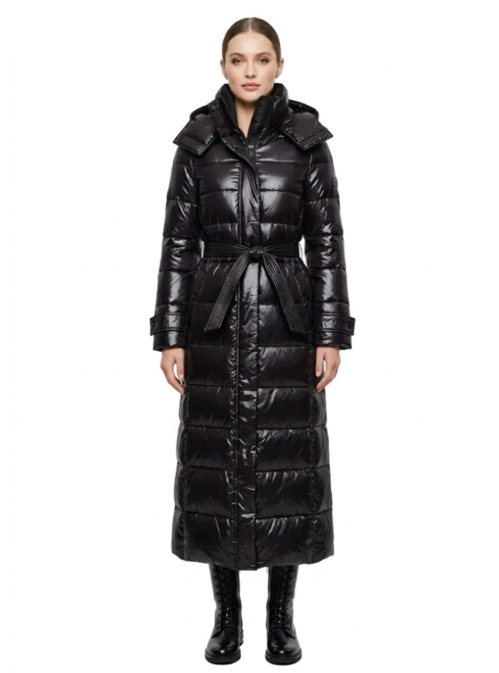 A long black puffer coat with a high collar and self-tie belt,