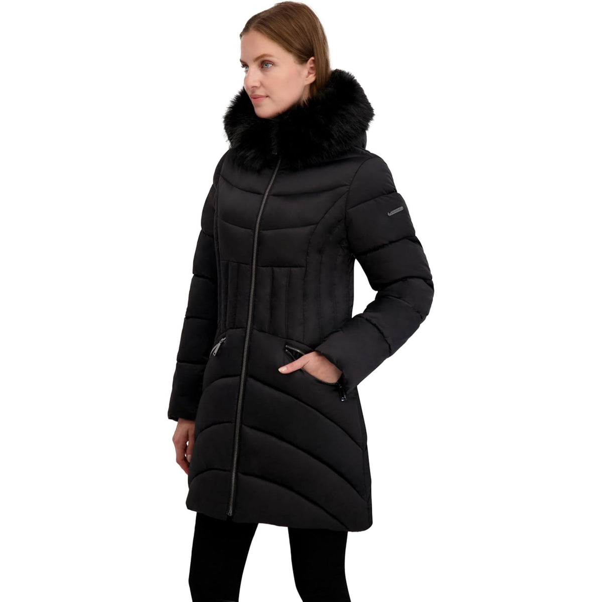 A woman wearing a black mid-length puffer coat with a large black faux-fur trimmed hood, shown against a plain white background.
