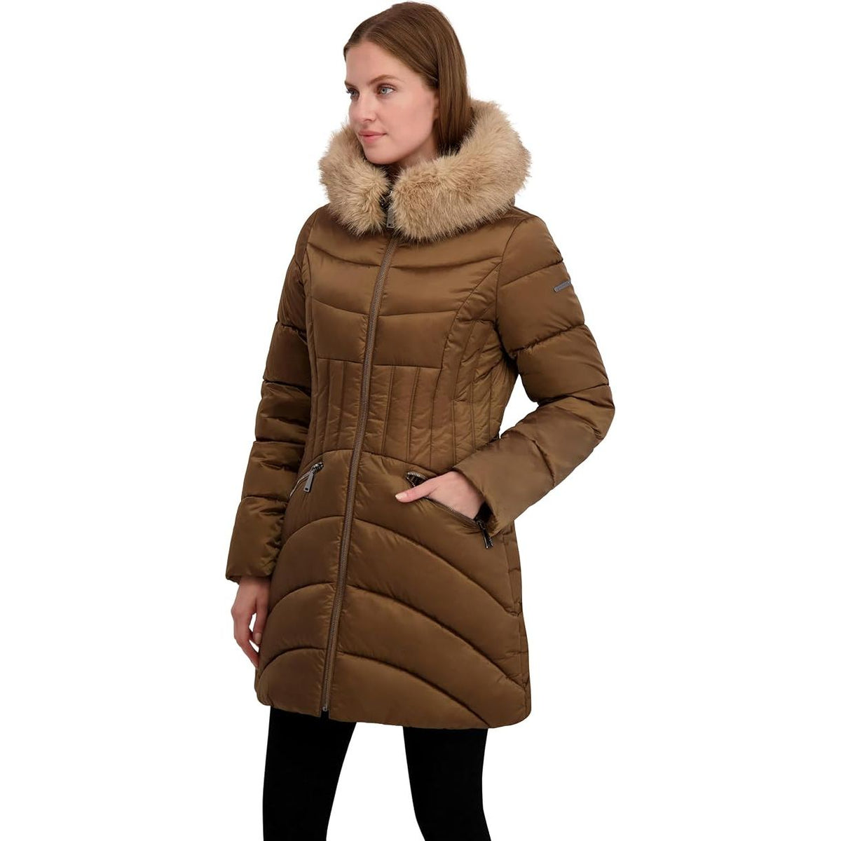 Brown winter coat with fur hood on a white background