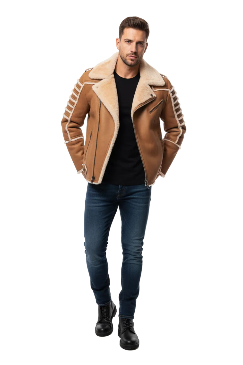 A man modeling a tan shearling-lined aviator-style jacket with white stripe details on the sleeves, worn over a black t-shirt, blue jeans, and black boots against a white studio background.