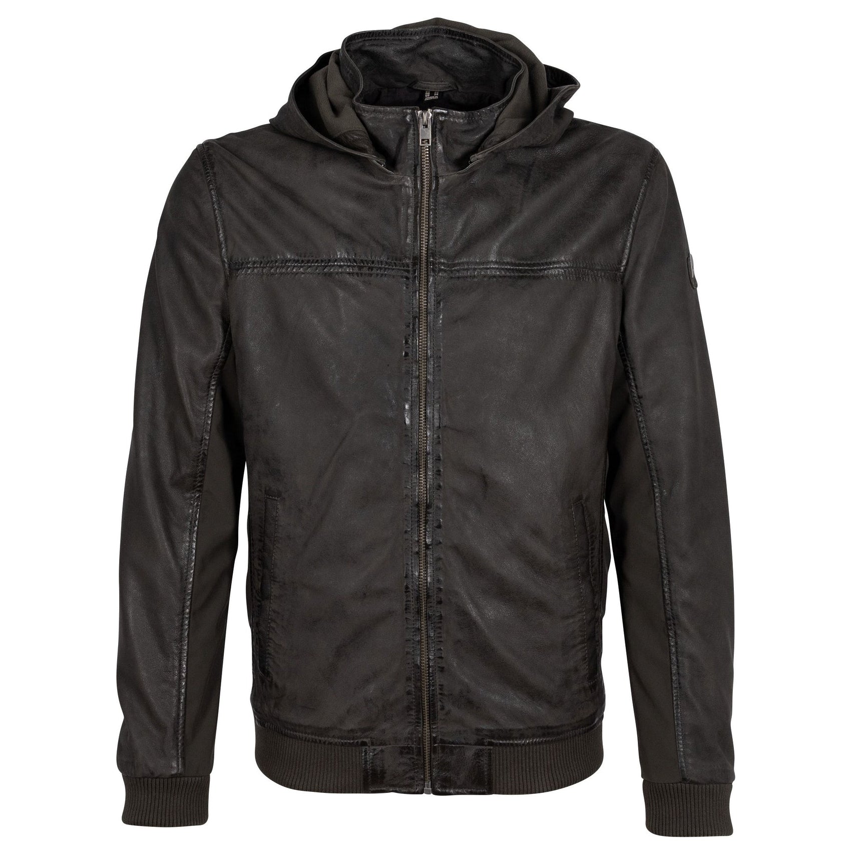Mauritius Mens Hooded Leather Jacket with Spandex Side Panels