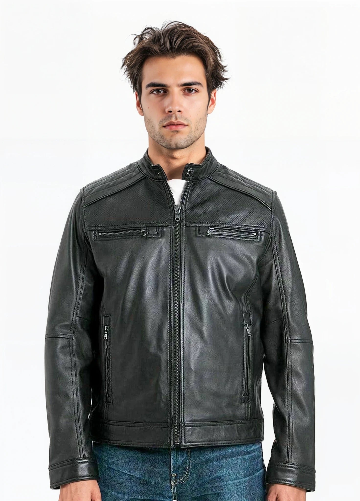Michael Kors Men's Moto Leather Jacket with Perforated Panel