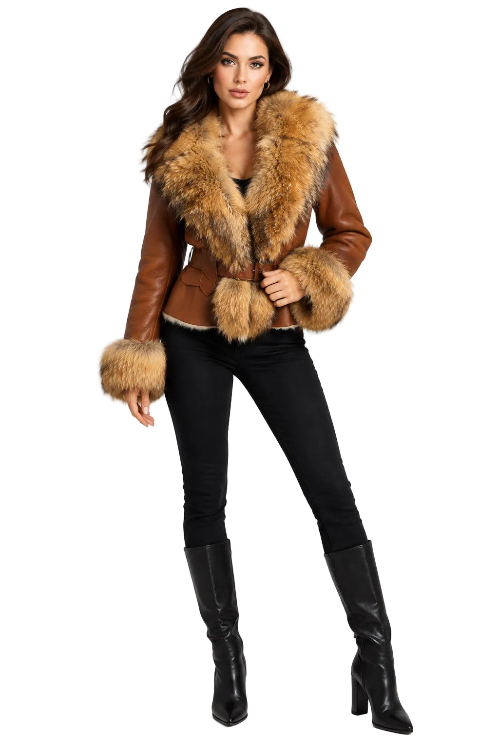 A brown shearling-style coat with a large tan raccoon fur