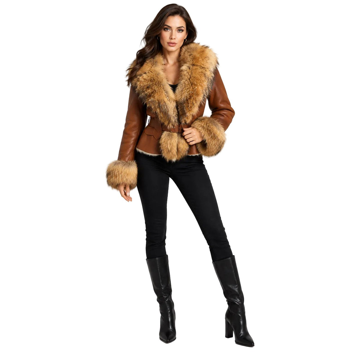 A brown shearling-style coat with a large tan raccoon fur