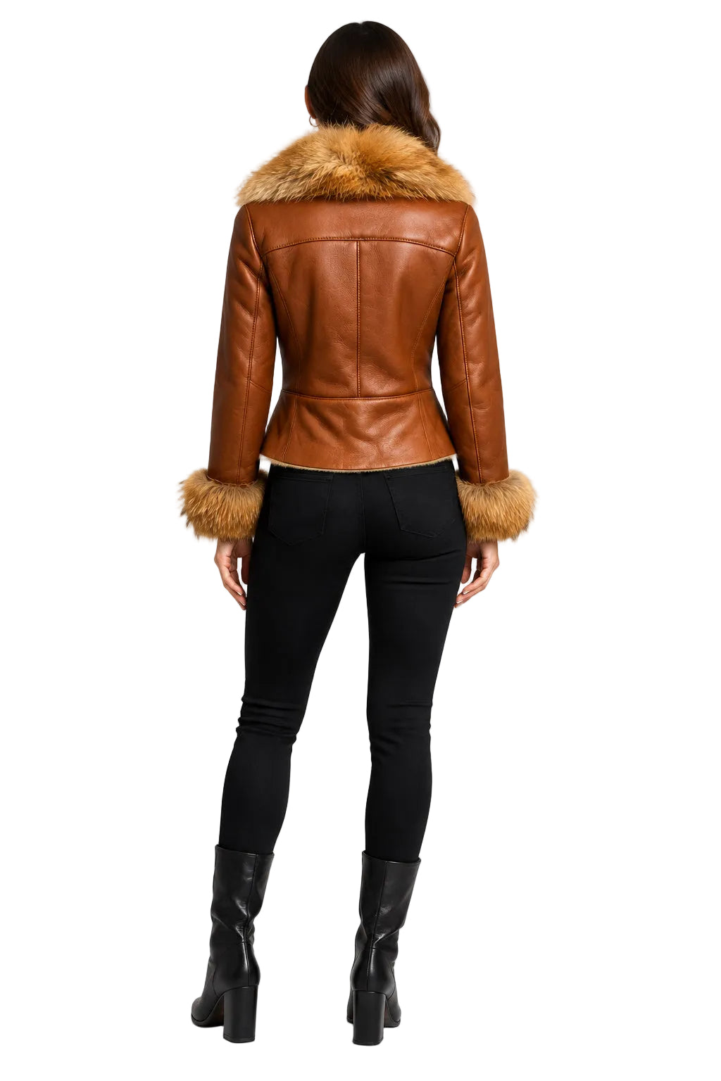 A brown leather jacket with a large tan fur-trimmed hood and matching fur-trimmed cuffs