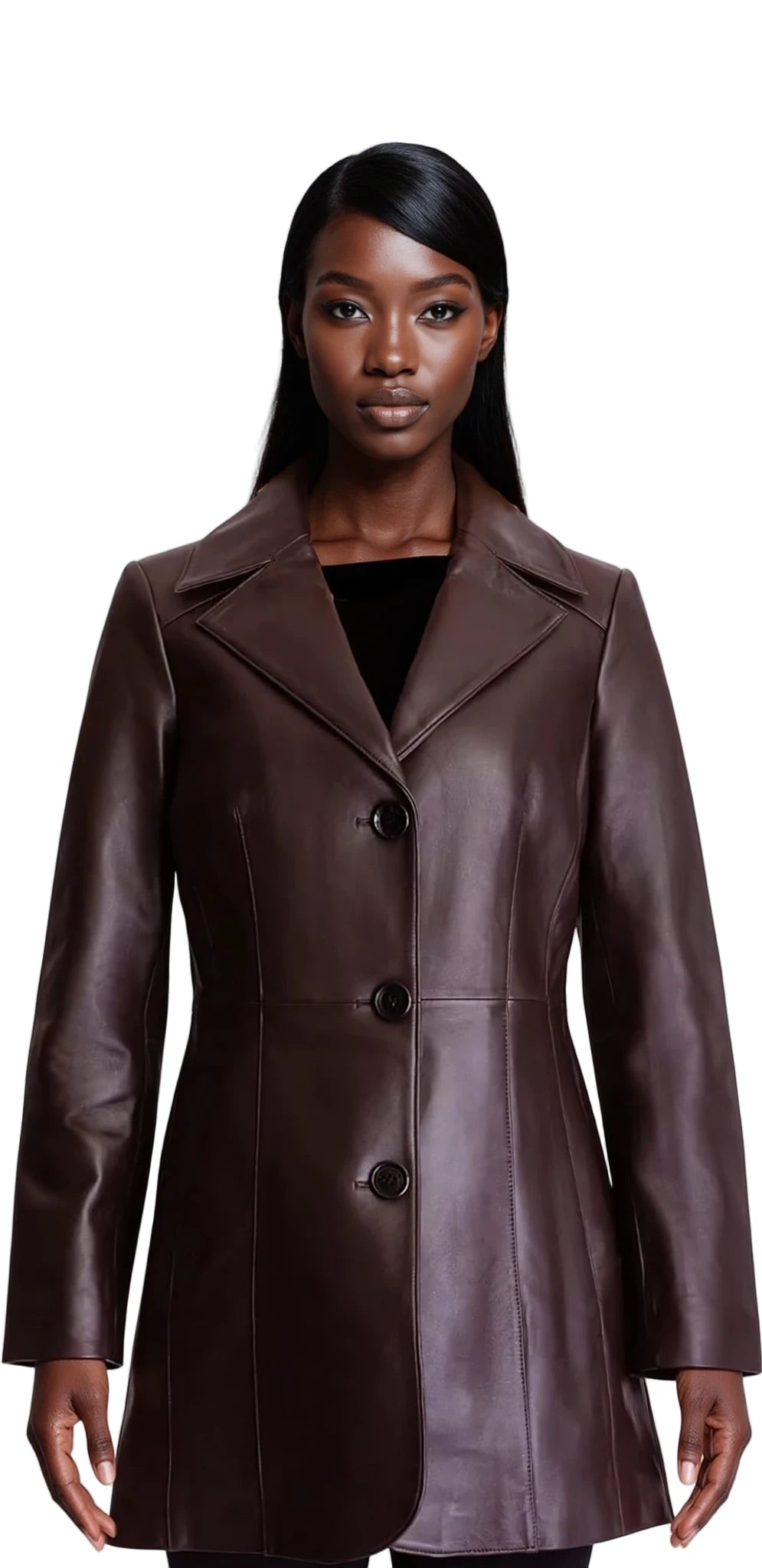 Woman wearing a brown leather coat on a white background