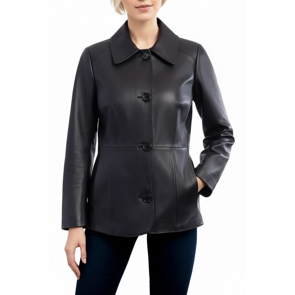 Black leather jacket worn by a person on a white background