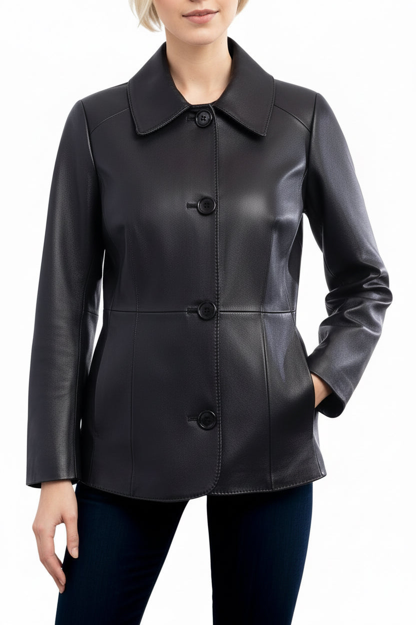 Black leather jacket worn by a person on a white background