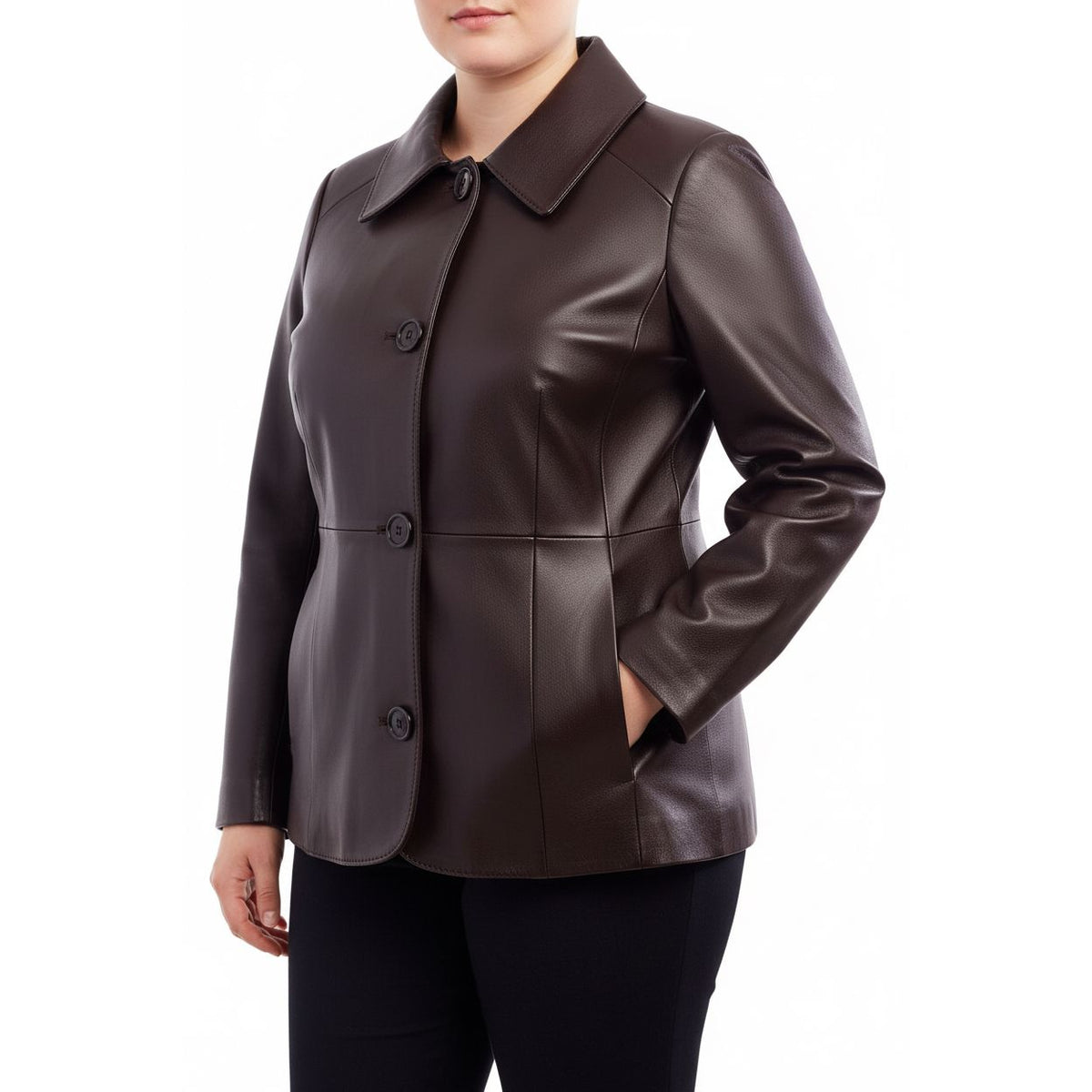 Brown leather jacket worn by a person on a white background