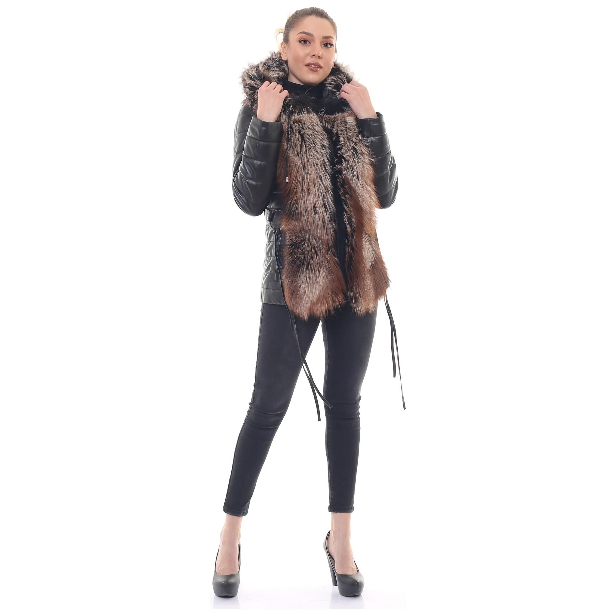 BARYA NEW YORK Women's Leather Jacket with Fox Fur