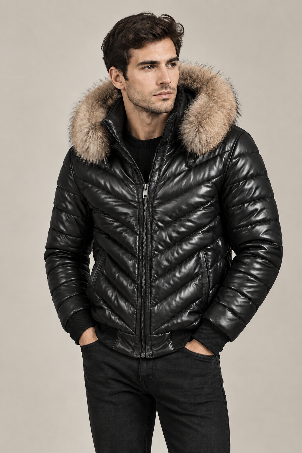BARYA Leather Bomber Jacket with Real Fur