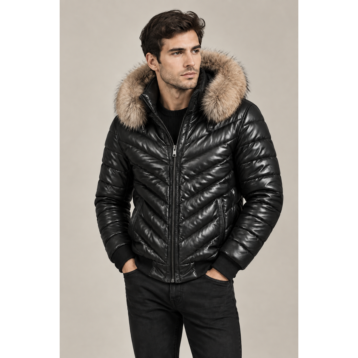 BARYA Leather Bomber Jacket with Real Fur