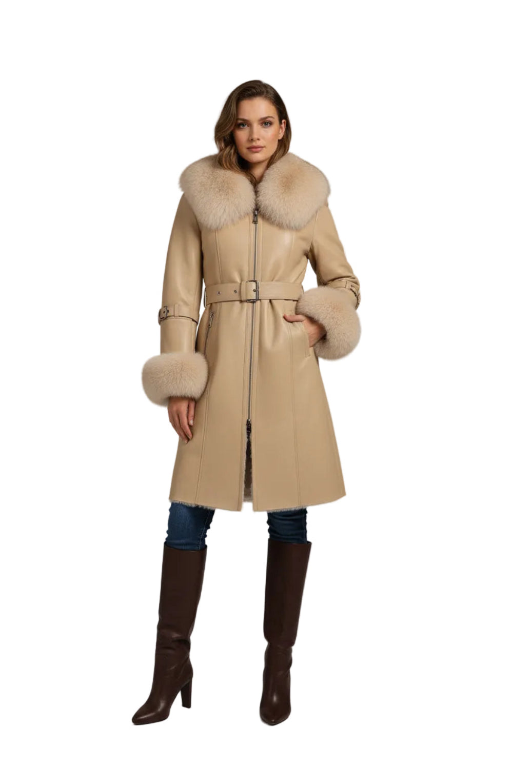 A beige shearling-style coat with a large cream fur collar and matching fur trim on the cuffs
