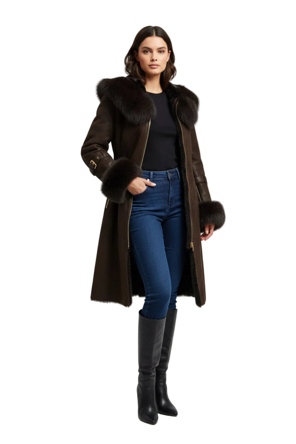 A dark brown suede coat with a large dark brown fur collar and matching fur-trimmed cuffs, displayed on a mannequin stand in an indoor room. A black garment in a plastic cover is visible on a stand to the right.