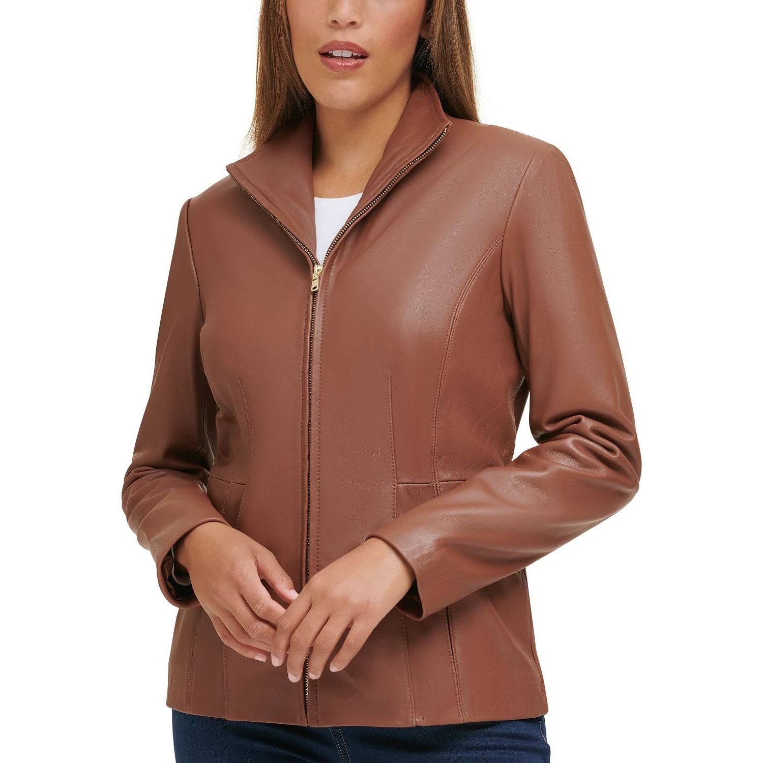 Cole Haan Women's Genuine Leather Jacket with Wing Collar