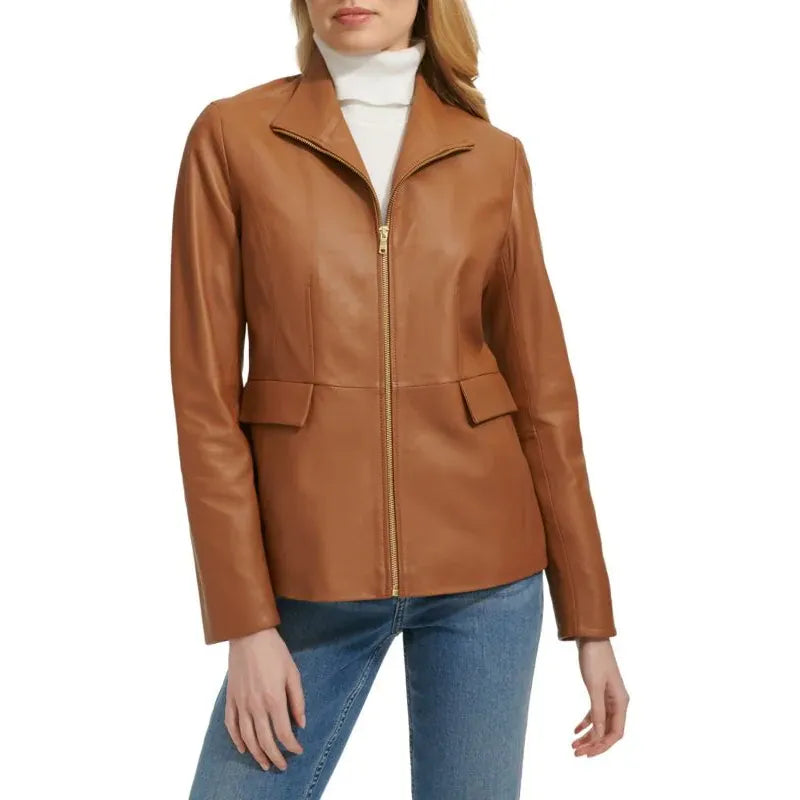 Cole Haan Women’s Inverted Collar Leather Jacket