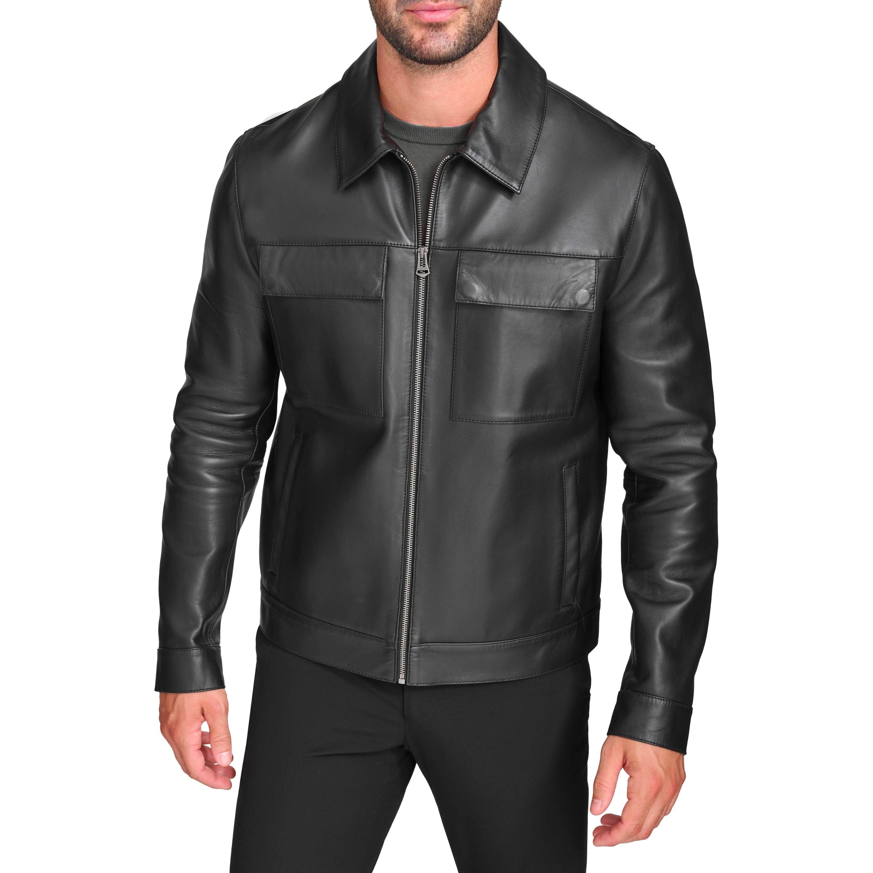 Cole Haan Men's Zip Front Genuine Leather Jacket with Chest Pockets