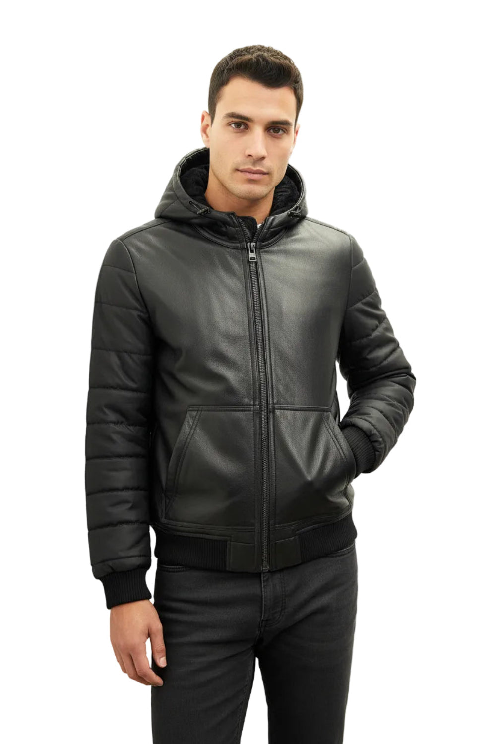 Man wearing a black leather jacket with a hood on a white background