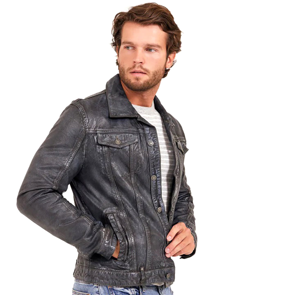 A man wearing a gray genuine leather jacket with a collar, snaps, and pockets, paired with a white shirt.