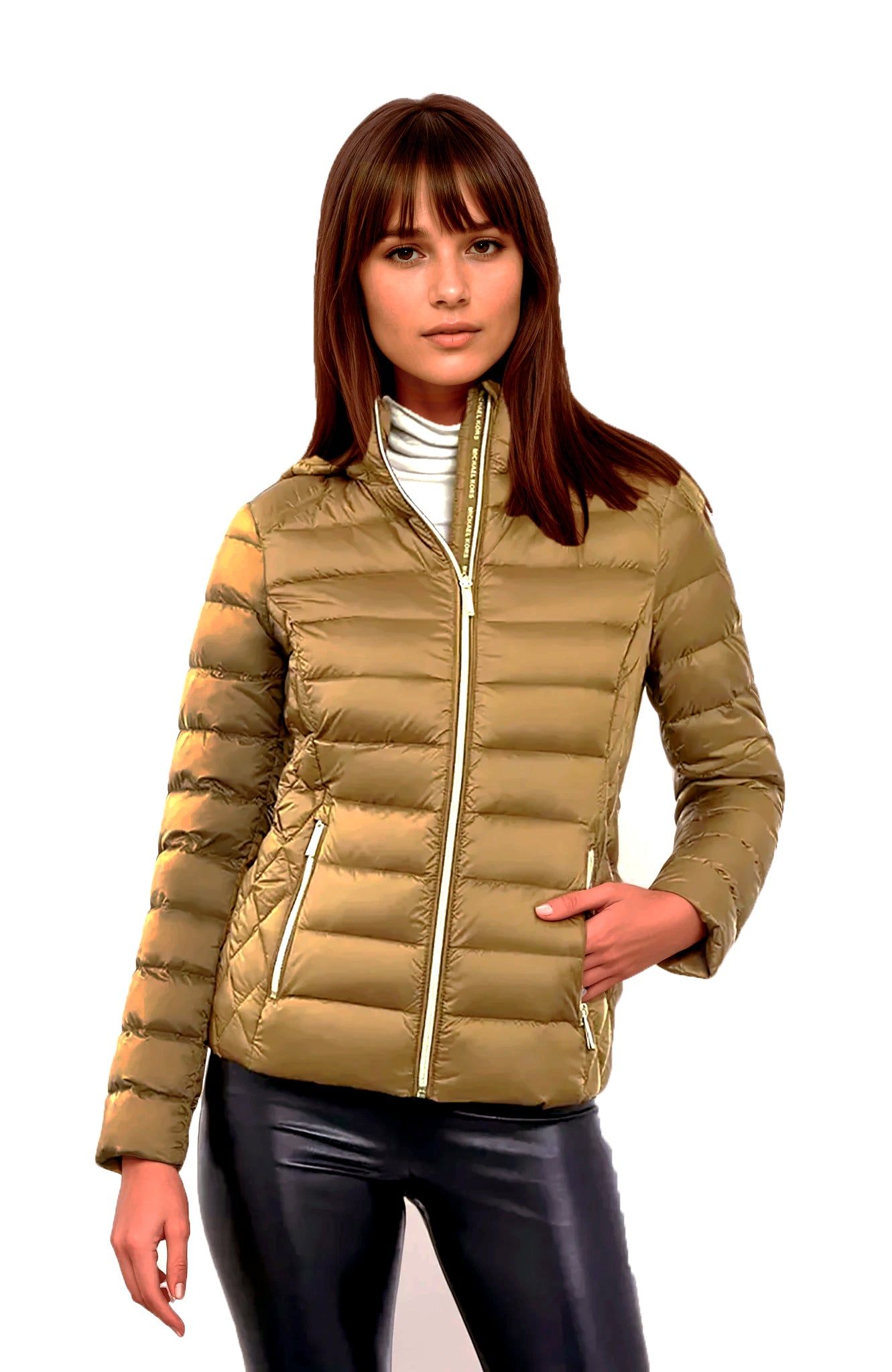 Woman wearing a beige puffer jacket on a white background