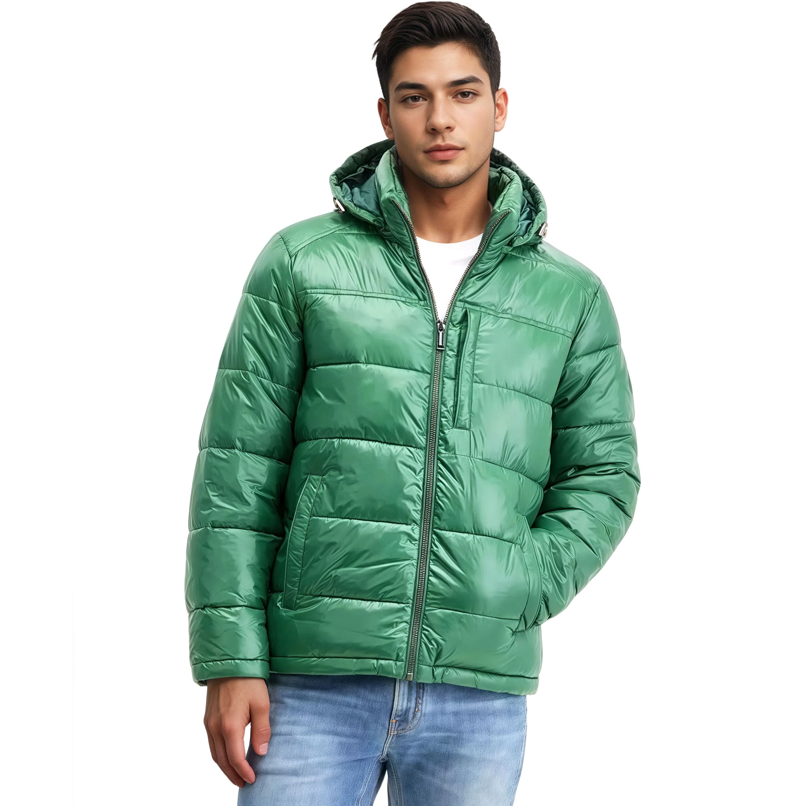Man wearing a green puffer jacket on a white background